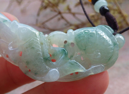 Certified Icy Green Burma 100% Natural A Jade jadeite Pendant Fish Lotus Leaf Necklace 年年有余 632943  TN