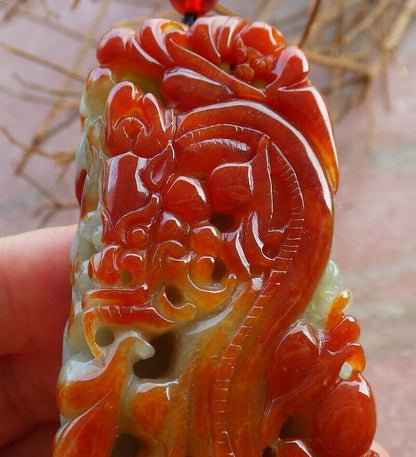 Atestita Ruĝa 100% Natura A Jadejadeito pendanta Drako Vesperto Lotusfolia Koliero 龙 526231 TN
