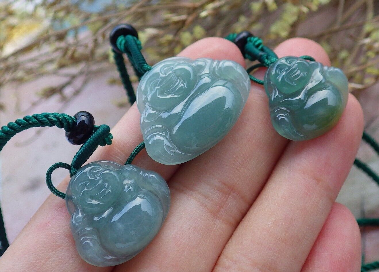 3 Pcs Certified Icy Green Burma 100% Natural A Jade jadeite Pendant  Buddha God Necklace  开心佛 575264 TN