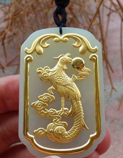 Certified 24K Yellow Gold Filled Hetian nephrite jade 100% A Natural Phoenix Rectangle Bead Necklace 凤凰牌 520692  TN