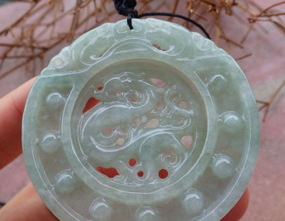 Certified Green 100% Natural A Jade jadeite pendant Dragon Circle Necklace 生意兴隆 528221  TN