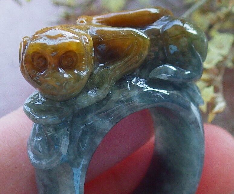 Certified Yellow Icy Green Burma 100% Natural A JADE Jadeite Monkey Coin RING USA. 10 戒指 574078 TN