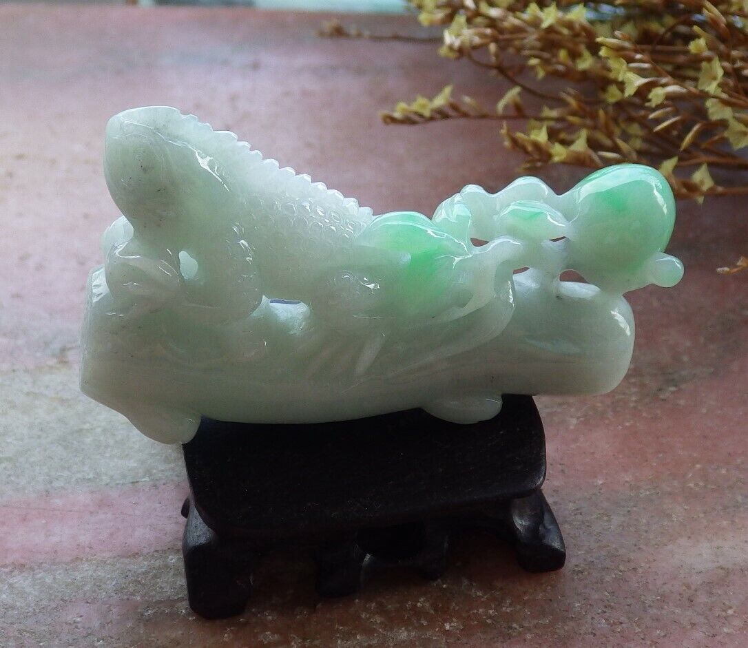 Certified Green 100% Natural A Jade jadeite Display Dragon Lizard Tree Leaf Peach 龙蜥蜴 525198  TN