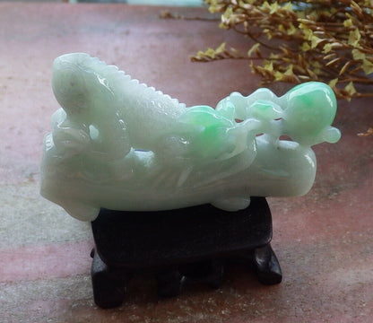 Certified Green 100% Natural A Jade jadeite Display Dragon Lizard Tree Leaf Peach 龙蜥蜴 525198  TN