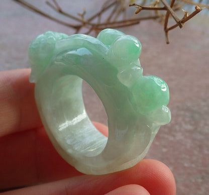 Certified Green Burma 100% Natural A JADE Jadeite Frog Toad Lotus Flower RING USA. 8.25 戒指 634202  TN