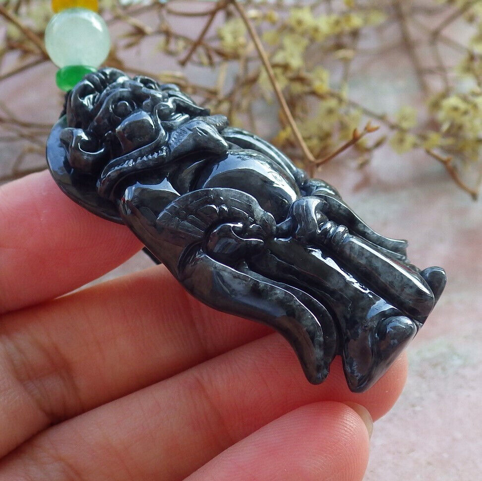 Certified Black Burma 100% Natural A Jade jadeite pendant Zhong Kui God Sword Fan Necklace 钟馗 632886  TN