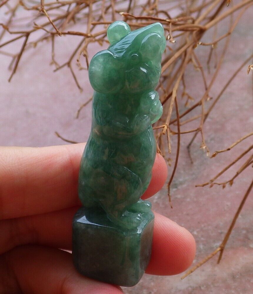 Certified Green 100% Natural A Jade jadeite Display Mouse Rat Yuan Bao Chop Seal 印章 526183  tn