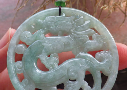 Certified Green Burma 100% Natural A Jade jadeite Pendant Dragon Ruyi Circle Necklace 生意兴隆 646479 TN