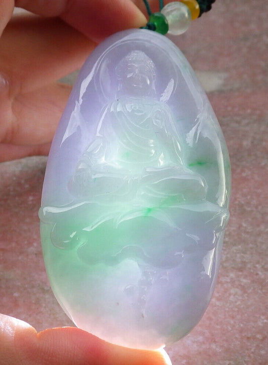 Certified Green Pale Lavender Burma 100% Natural A Jade jadeite pendant Sakyamuni Buddha God Lotus Leas Necklace 释迦牟尼 633609  TN