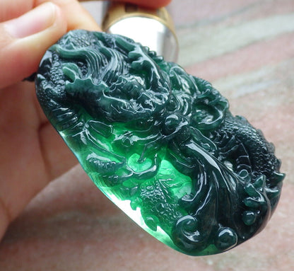 Certified Icy Green Burma 100% Natural A Jade jadeite Pendant Dragon Ruyi Necklace 生意兴隆 636188  TN