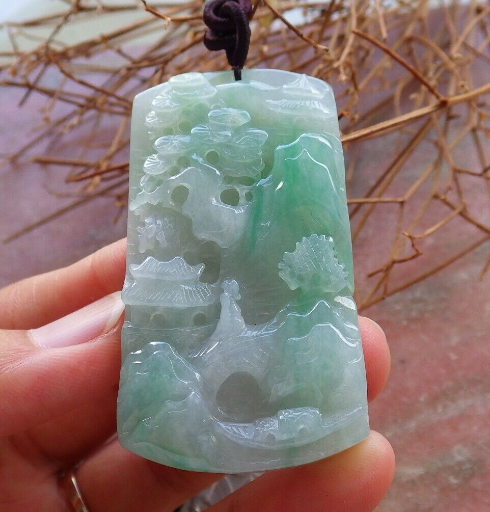 Certified Icy Green Burma 100% Natural A Jade jadeite Landscape painting Tree Necklace 山水画 525860  TN