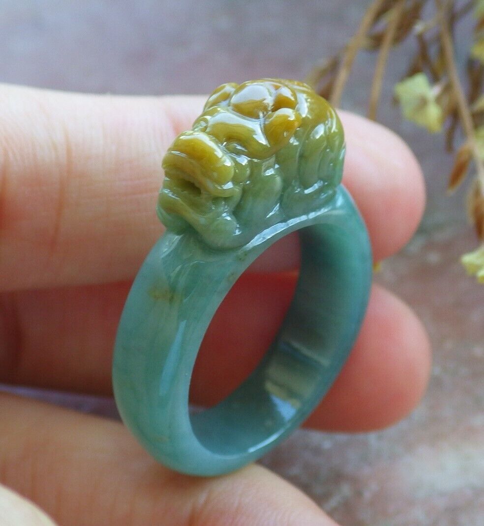 Certified Yellow Green 100% Natural A JADE Jadeite Dragon Pi Xiu RING USA. 9 戒指 529757  TN