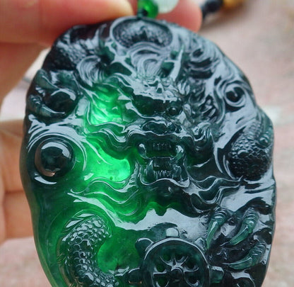 Certified Icy Blue Water Green Burma 100% Natural A Jade jadeite Pendant Dragon Bead Necklace 生意兴隆 636318  TN