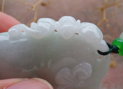 Certified Green Burma 100% Natural A Jade jadeite Pendant  Bat Ruyi Foot Necklace 知足常乐 636969  TN