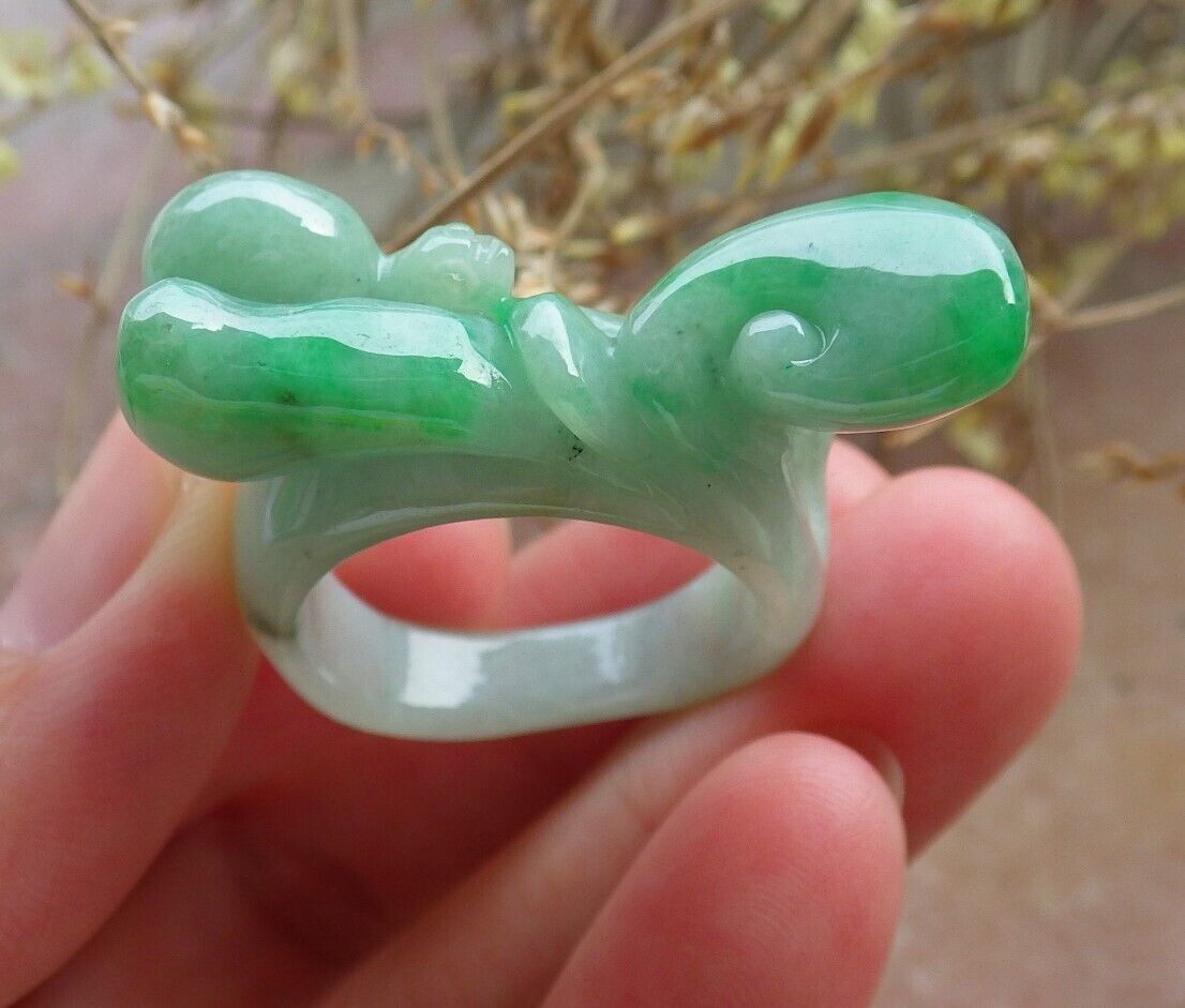 Certified Green Burma 100% Natural A JADE Jadeite Snails Ruyi RING USA. 10.25 花戒指 575124 TN