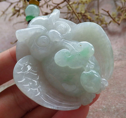 Certified Green Burma 100% Natural A Jade jadeite Pendant Owl Ruyi Necklace 猫头鹰 633380  TN