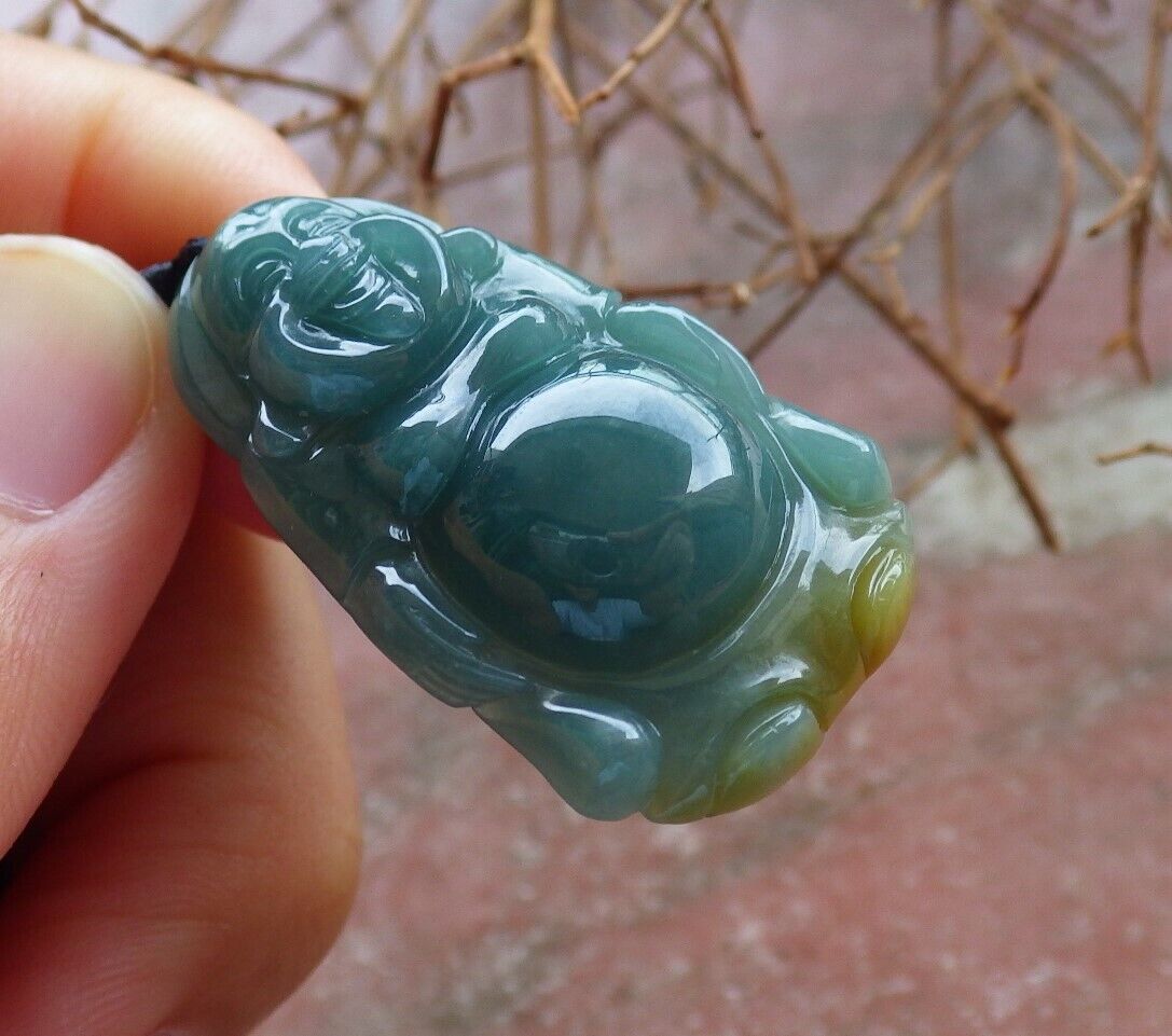 Certified Icy Green Yellow 100% Natural A Jade jadeite pendant Happy Buddha God Necklace 开心佛 528847  TN
