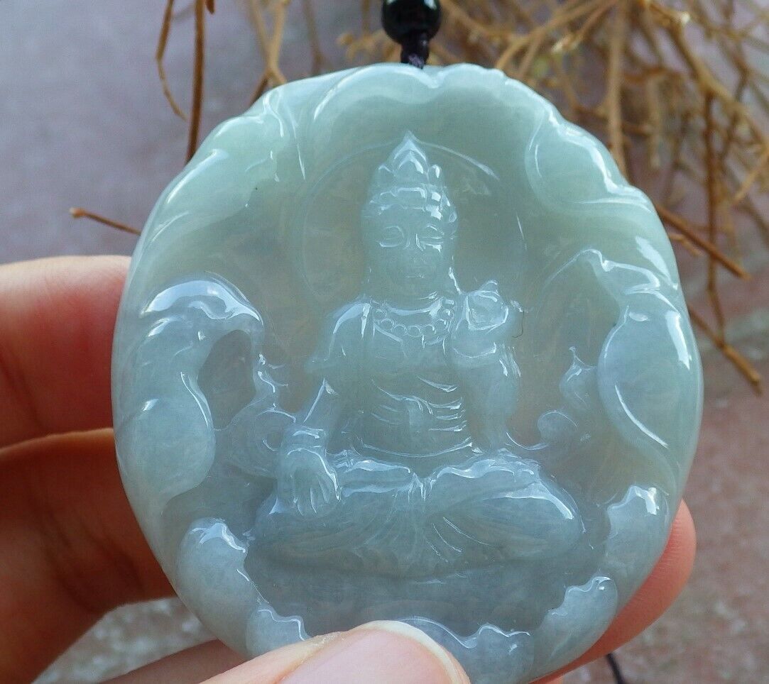 Certified Green Pale Lavender 100% Natural A Jade jadeite pendant Guanyin Kwan Yin Lotus Flower Necklace 观音 523705  TN