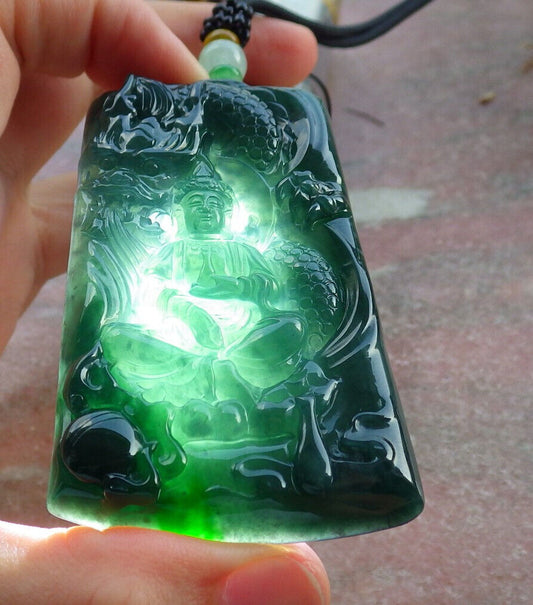 Certified Icy Green Burma 100% Natural A Jade jadeite Pendant Guanyin Kwan Yin Dragon Necklace 观音633224  TN