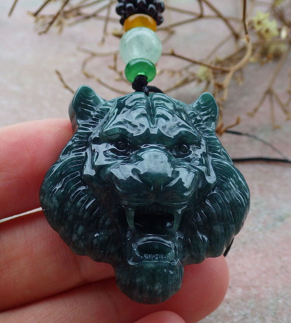 Certified Icy Blue Water Burma 100% Natural A Jade jadeite Pendant Tiger Head Necklace 虎虎生威 635303  TN