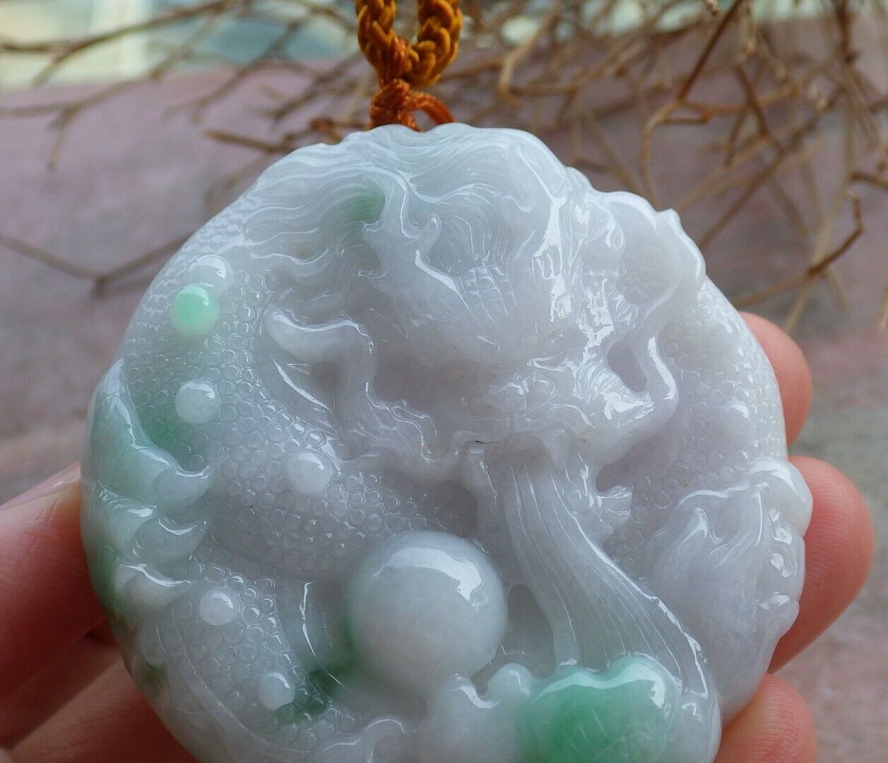 Certified Green 100% Natural A Jade jadeite Pendant Dragon Bead Lotus Flower Ruyi Necklace 生意兴隆 521035  TN