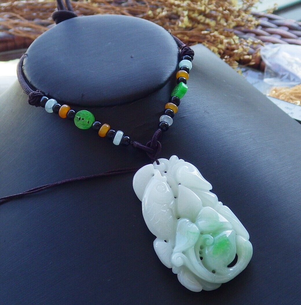 Certified Green 100% Natural A Jade jadeite Pendant Fish Lotus Flower Ruyi Coin Necklace 年年有余  529799   TN