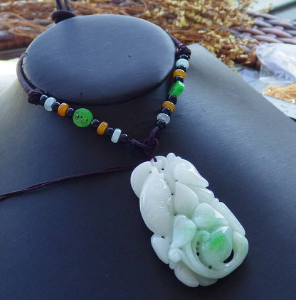 Certified Green 100% Natural A Jade jadeite Pendant Fish Lotus Flower Ruyi Coin Necklace 年年有余  529799   TN