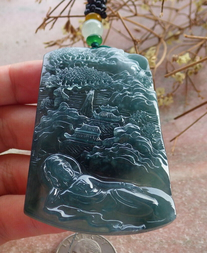 Certified Icy Blue Water Green Burma 100% Natural A Jade jadeite Pendant Landscape painting Guanyin Kwan Yin Tree Necklace 山水画 633900  TN