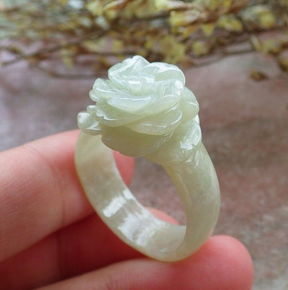 Certified Yellow Green Burma 100% Natural A JADE Jadeite Rose Flower RING USA. 11.5 花戒指 575208 TN