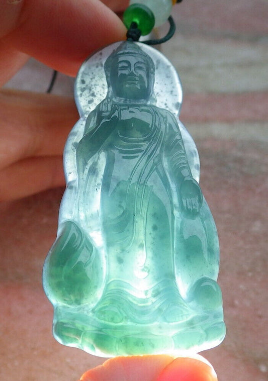 Certified Icy Green Burma 100% Natural A Jade jadeite pendant Sakyamuni Buddha God Lotus Flower Necklace 释迦牟尼 636868  TN