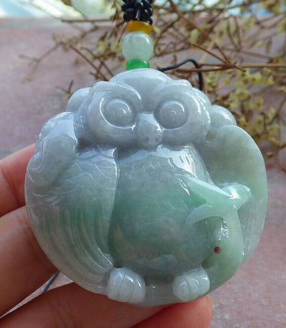 Certified Green Pale Lavender Burma 100% Natural A Jade jadeite Pendant Owl Lotus Flower Ruyi Necklace 猫头鹰 632902  TN