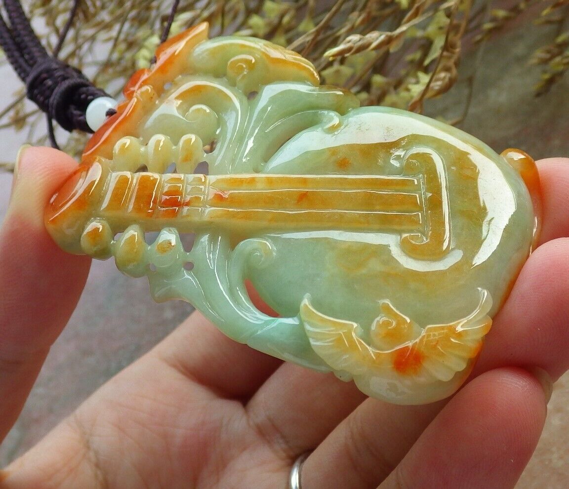 Certified Red Green Burma 100% Natural A Jade jadeite Pendant Bird Lotus Flower Guitar Necklace 吉他 575324 TN