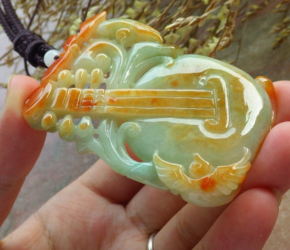 Certified Red Green Burma 100% Natural A Jade jadeite Pendant Bird Lotus Flower Guitar Necklace 吉他 575324 TN