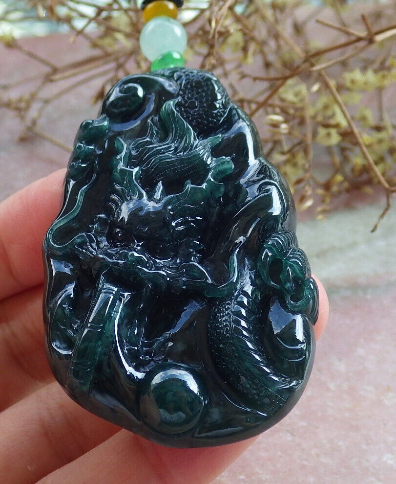 Atestita Glacia Blua Akvo Verda Birmo 100% Natura A Jadejadeita Pendanta Drako-Perlo-Koliero 生意兴隆 632763 TN