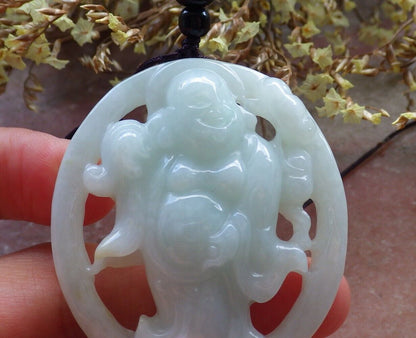 Certified Green 100% Natural A Jade jadeite pendant Happy Buddha God Ruyi Necklace 开心佛 524275  TN
