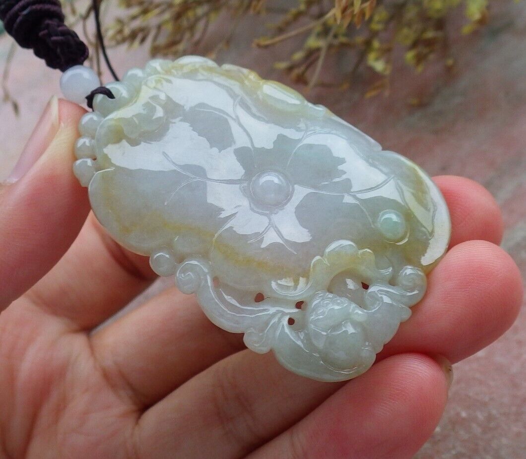 Certified Green Yellow Burma 100% Natural A Jade jadeite Pendant Bat Lotus Leaf Necklace 蝙蝠 575048 TN