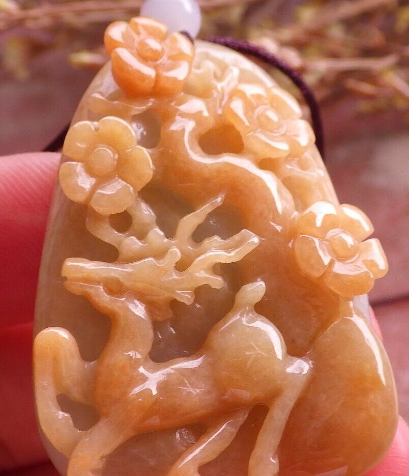 Certified Yellow Green Burma 100% Natural A Jade jadeite Pendant Deer Flower Necklace 梅花鹿 575073 TN