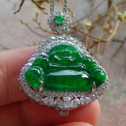 Icy Green Silver 925 Certified Burma 100% Natural A JADE Jadeite pendant Happy Buddha God Necklace 佛公 635173  TN