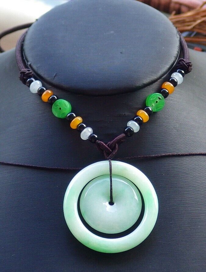 Certified Green 100% Natural A Jade jadeite Pendant Circle Donut Necklace 母子平安扣 528770  TN