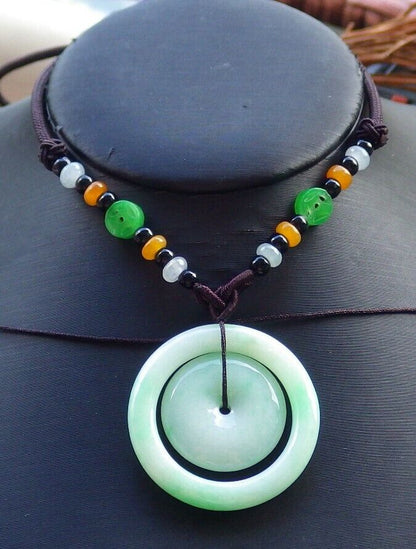 Certified Green 100% Natural A Jade jadeite Pendant Circle Donut Necklace 母子平安扣 528770  TN
