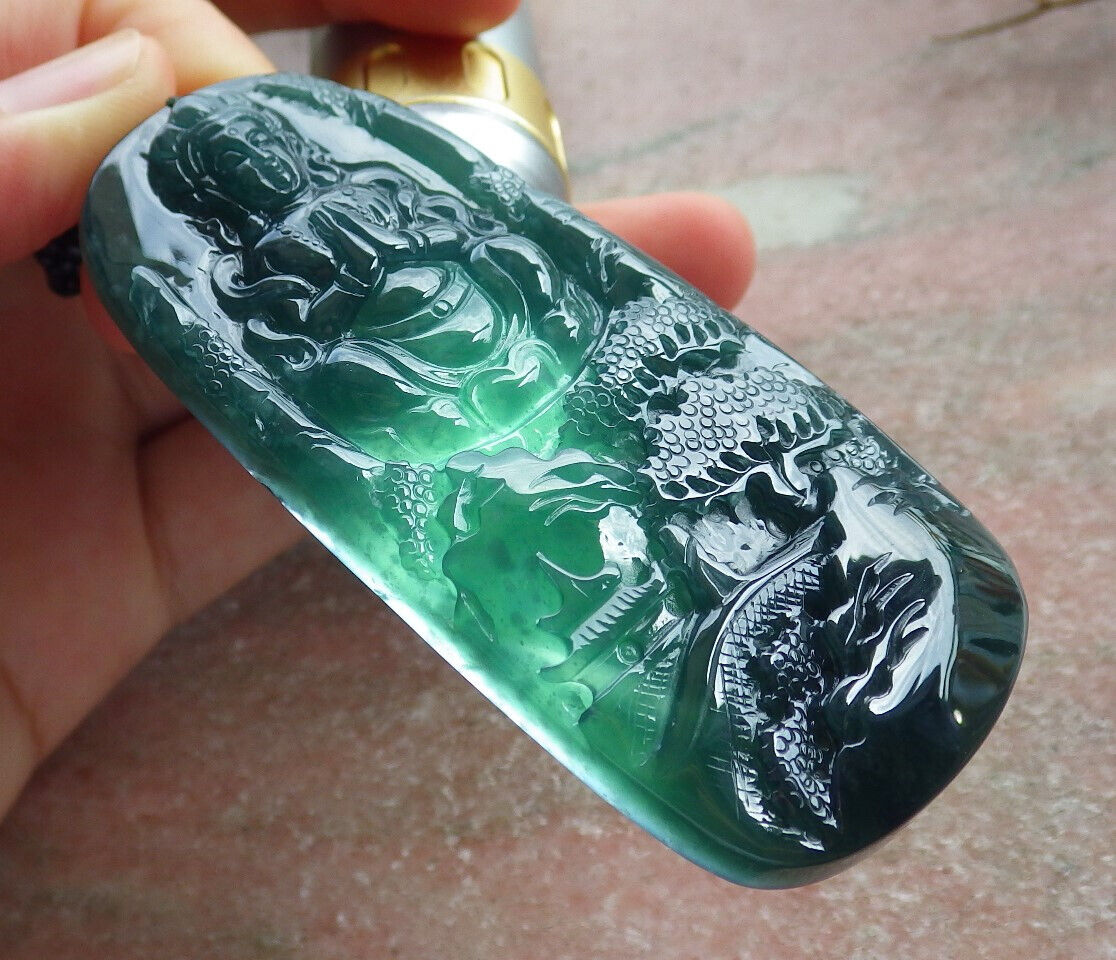 Atestita Glacia Blua Akvo Birmo 100% Natura A Jadejadeito Pengante Pejzaĝa pentraĵo Guanyin Kwan Yin Arba Koliero 山水画 634395 TN