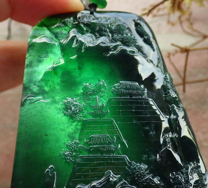 Certified Icy Blue Water Green Burma 100% Natural A Jade jadeite Landscape painting Tree Necklace 山水画 634014  TN