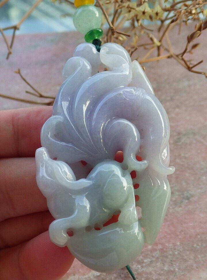 Certified Lavender Green Burma 100% Natural A Jade jadeite Pendant Fox Lotus Necklace 狐狸 634293  TN