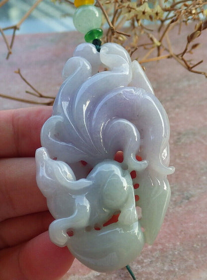 Certified Lavender Green Burma 100% Natural A Jade jadeite Pendant Fox Lotus Necklace 狐狸 634293  TN