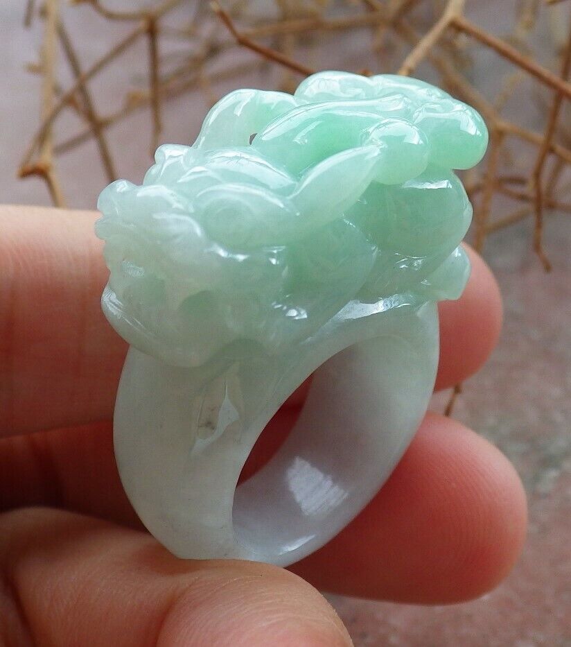 Certified Green Pale Lavender 100% Natural A JADE Jadeite Dragon Pi Xiu Lotus Flower Ruyi RING USA. 5.25 戒指 523568  TN