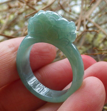 Certified Icy Green 100% Natural A JADE Jadeite Dragon Pi Xiu RING USA. 8.75 戒指 523767  TN