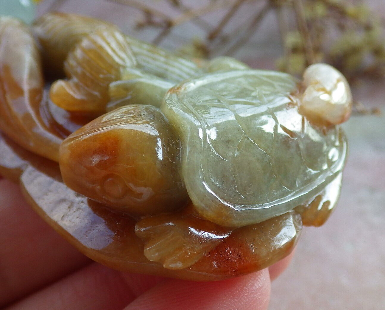 Certified Yellow Green Burma 100% Natural A Jade jadeite pendant Turtle Ruyi Necklace 长寿龟 632601  TN
