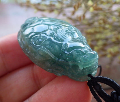 Certified Icy Green Burma 100% Natural A Jade jadeite Pendant Dragon Turtle Money Coin Necklace 龙龟 574784 TN