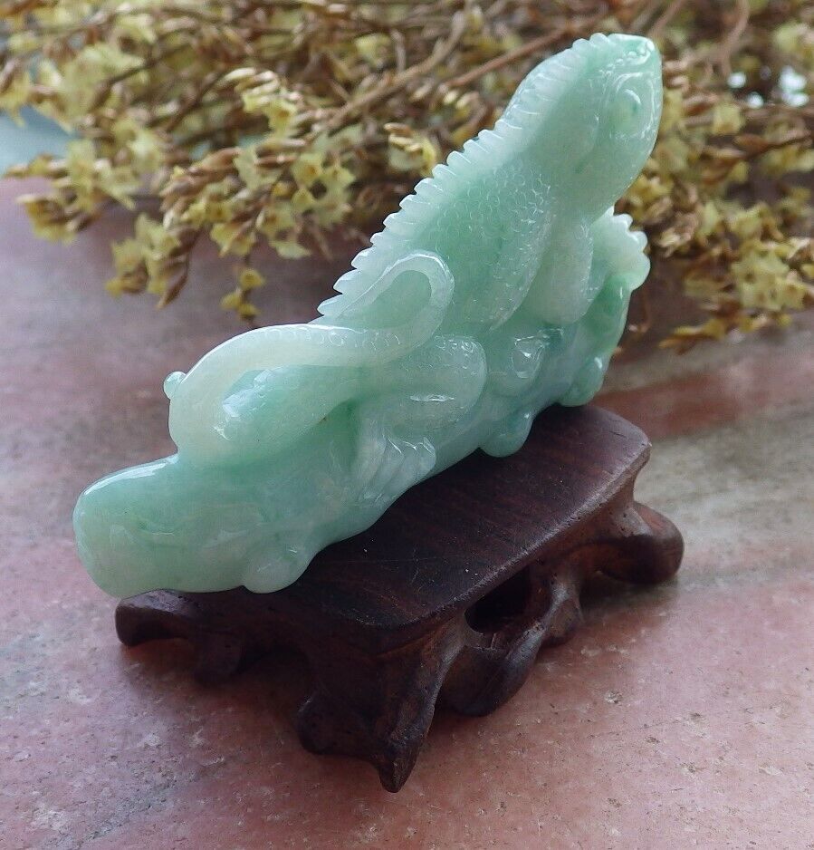 Certified Green 100% Natural A Jade jadeite Display Dragon Lizard Tree 龙蜥蜴 524125  TN