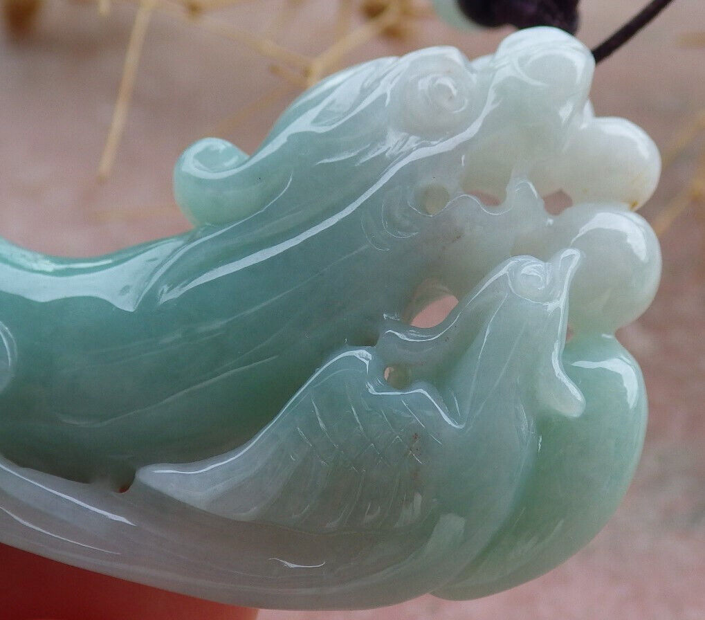 Certified Green Burma 100% Natural A Jade jadeite Pendant Dragon Phoenix Coin Necklace 龙凤 637014  TN